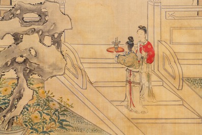 Chinese school, ink and colour on silk, 18/19th C.: 'Figures in a landscape'