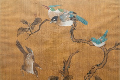 Shen Quan (1682-1762) encre et couleurs sur soie, 18&egrave;me: 'Deux sc&egrave;nes aux oiseaux'