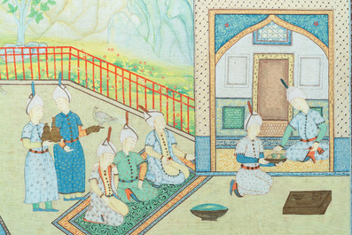 Ecole safavide, Iran, 19/20&egrave;me, huile et encre sur toile: 'Une vue d'une c&eacute;r&eacute;monie &agrave; la cour'