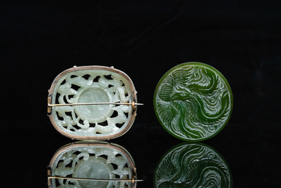 A Chinese white jade snuff bottle and two green jade carvings, 17th C. and later