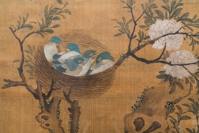 Shen Quan (1682-1762), ink and colour on silk, 18th C.: 'Two  scenes with birds'