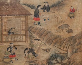 Chinese school, ink and colour on paper, 19th C.: 'The paper production'