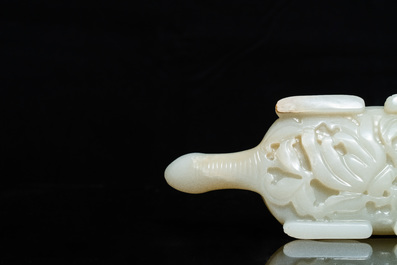 A Chinese pale celadon jade 'tortoise' brush washer on wooden stand, 18/19th C.