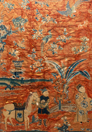 Three Chinese embroidered silk panels depicting an imperial audience, 19th C.