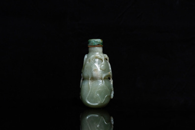 A Chinese gourd-shaped celadon and russet jade snuff bottle, Qing