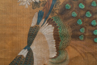 Shen Quan (1682-1762), ink and colour on silk, 18th C.: 'Two  scenes with birds'