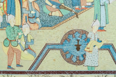 Ecole safavide, Iran, 19/20&egrave;me, huile et encre sur toile: 'Une vue d'une c&eacute;r&eacute;monie &agrave; la cour'