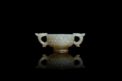 A Chinese celadon jade two-handled libation cup, Ming