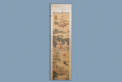 Chinese school, inkt en kleur op zijde, 18/19e eeuw: 'Figuren in een landschap'