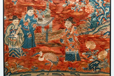 Three Chinese embroidered silk panels depicting an imperial audience, 19th C.