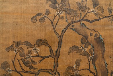Shen Quan (1682-1762) encre et couleurs sur soie, 18&egrave;me: 'Deux sc&egrave;nes aux oiseaux'