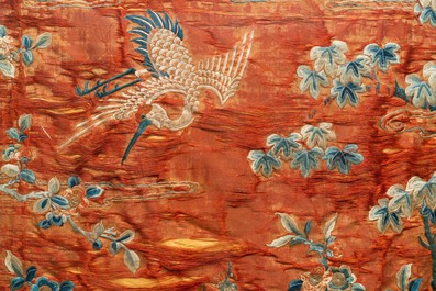 Three Chinese embroidered silk panels depicting an imperial audience, 19th C.