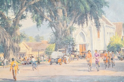 Willem Jan Pieter van der Does (1889-1966), olie op doek: 'Straatzicht in Bali'