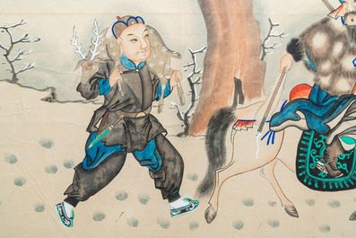 Chinese school, ink and colour on paper, 19/20th C.: 'Two equestrian hunting scenes'
