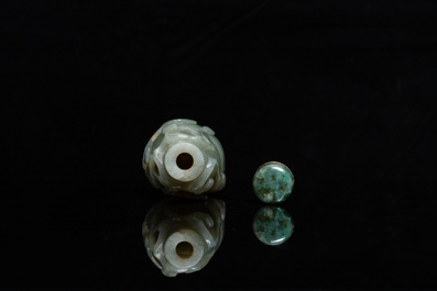 A Chinese gourd-shaped celadon and russet jade snuff bottle, Qing