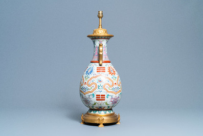A Chinese gilt bronze lamp-mounted famille rose 'trigrams' vase, Yongzheng mark, Republic