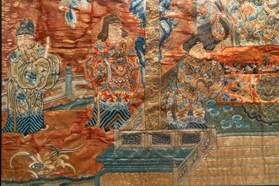 Three Chinese embroidered silk panels depicting an imperial audience, 19th C.