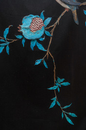 A Chinese black silk-ground panel with a kingfisher feather collage of a bird with pomegranates, 18/19th C.