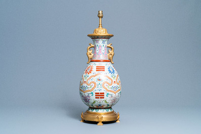 A Chinese gilt bronze lamp-mounted famille rose 'trigrams' vase, Yongzheng mark, Republic