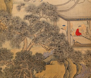 Chinese school, inkt en kleur op zijde, 18/19e eeuw: 'Geleerden en hun dienaars'
