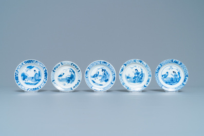 Five Chinese blue and white cups and saucers, Chenghua mark, Kangxi
