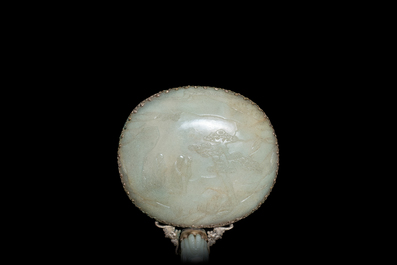 A large Chinese jade and silver hand mirror, Qing