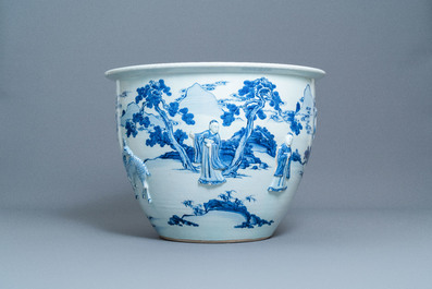 A rare large Chinese blue and white relief-moulded jardini&egrave;re, Kangxi