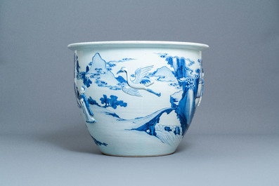 A rare large Chinese blue and white relief-moulded jardini&egrave;re, Kangxi