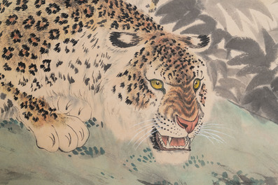 Liu Kuiling (China, 1885-1967), ink and colour on paper: 'Two leopards in a mountain landscape'