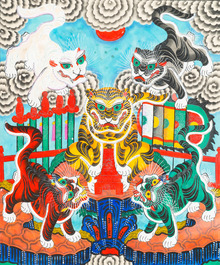 Vietnamese school, ink and colour on paper, 19/20th C.: 'A pair of works with five tigers'