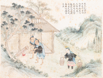 Chinese school, inkt en kleur op papier, 19e eeuw: 'Twee sc&egrave;nes met figuren in een landschap'