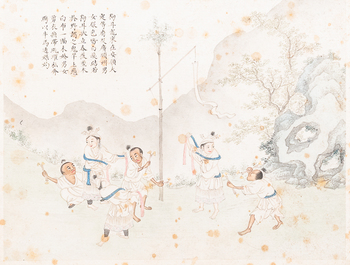 Chinese school, ink and colour on paper, 19th C.: 'Two scenes with figures in a landscape'