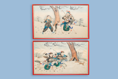 Ecole chinoise, encre et couleurs sur papier, 19/20&egrave;me: 'Deux sc&egrave;nes de chasse aux chevaux'