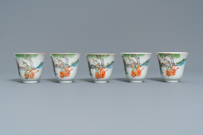 Five Chinese famille rose cups and saucers, Tongzhi mark and of the period