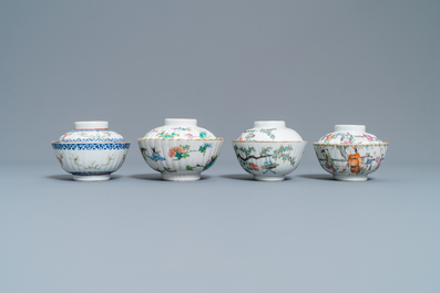 Two Chinese famille rose teapots and four covered bowls on stands, 19th C.
