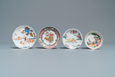 Six soucoupes et cinq tasses en porcelaine de Chine famille rose, Kangxi et apr&egrave;s
