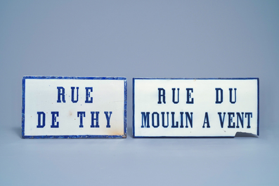Six plaques de rue en porcelaine de Bruxelles en bleu et blanc, 19&egrave;me
