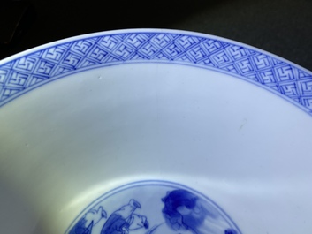 A Chinese blue and white klapmuts bowl with figures in a landscape, Kangxi mark and of the period