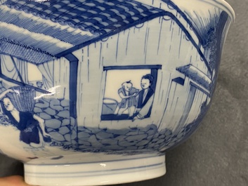 Un bol imp&eacute;rial en porcelaine de Chine en bleu et blanc &agrave; d&eacute;cor de la riziculture, marque et &eacute;poque de Kangxi