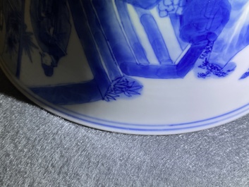 A Chinese blue and white klapmuts bowl with figures in a landscape, Kangxi mark and of the period