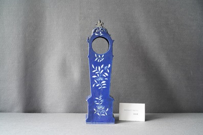 A tall pocket watch holder in blue-ground Saint-Omer faience, France, 18th C.