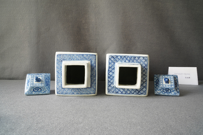 A pair of Chinese blue and white square vases and covers, Kangxi