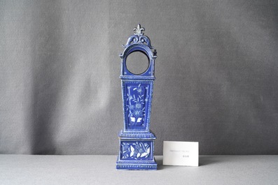 A tall pocket watch holder in blue-ground Saint-Omer faience, France, 18th C.