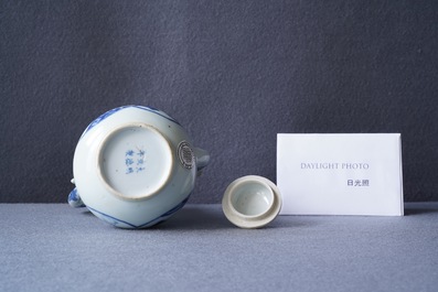 A Chinese blue and white 'Xi Xiang Ji' ewer and cover, Xuande mark, Kangxi