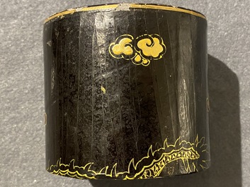 An imperial Chinese cylindrical painted and lacquered wood edict container, 17/18th C.