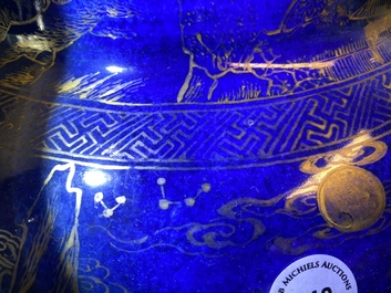 A large Chinese monochrome powder blue and gilt vase and cover, Kangxi