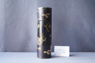 An imperial Chinese cylindrical painted and lacquered wood edict container, 17/18th C.