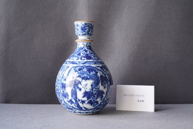 A Chinese blue and white 'squirrel and grapevine' huqqa base, Kangxi