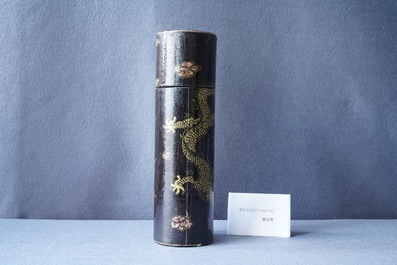 An imperial Chinese cylindrical painted and lacquered wood edict container, 17/18th C.