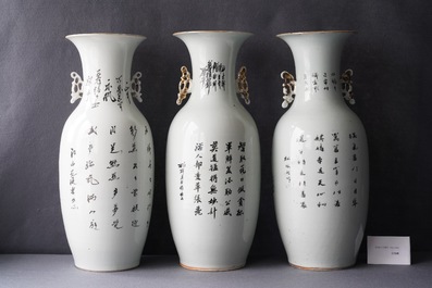 Three Chinese famille rose vases with narrative scenes, 19/20th C.